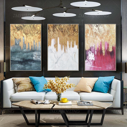 3 pieces Original Abstract gold leaf waterfall Acrylic Painting On Canvas black  #6
