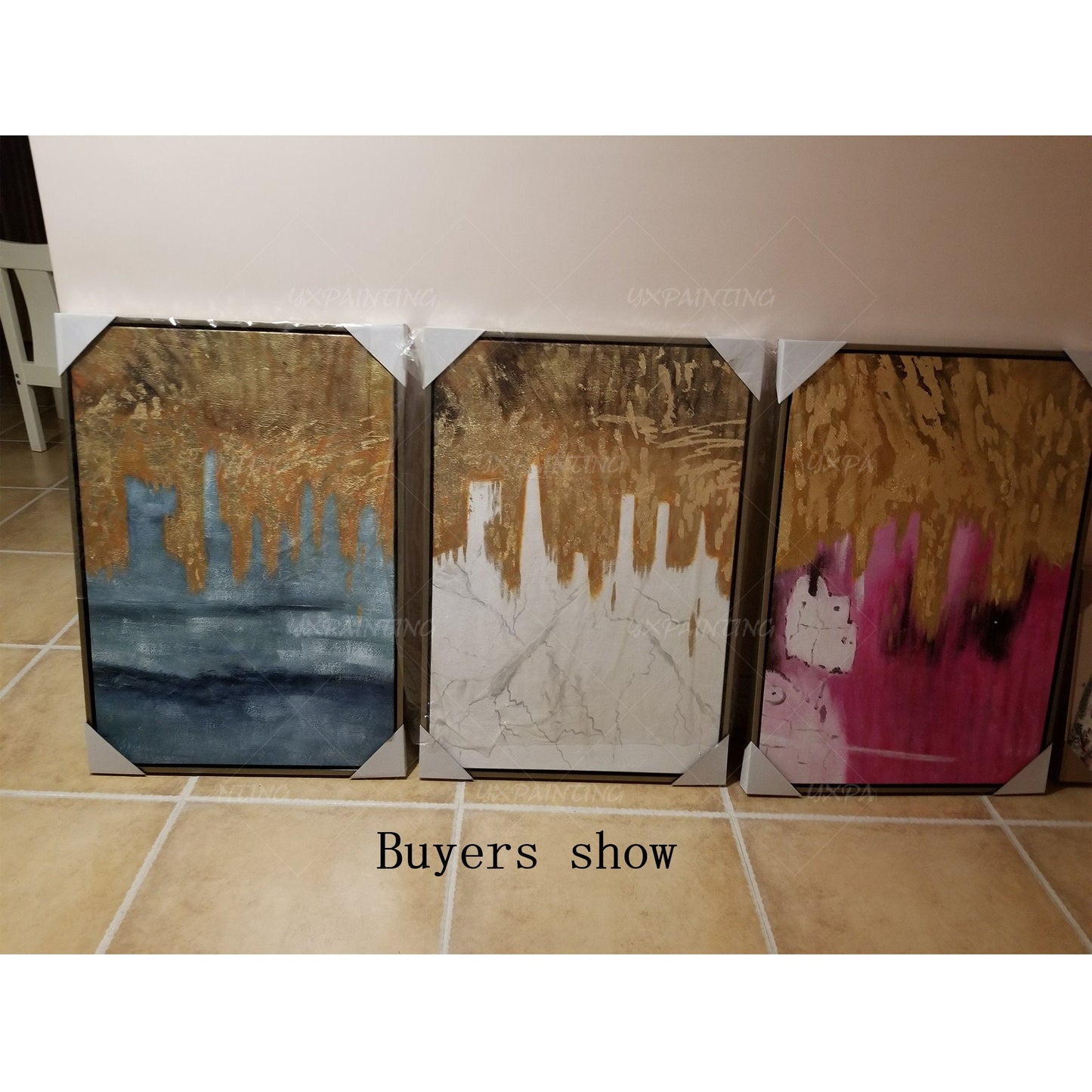 3 pieces Original Abstract gold leaf waterfall Acrylic Painting On Canvas black  #7