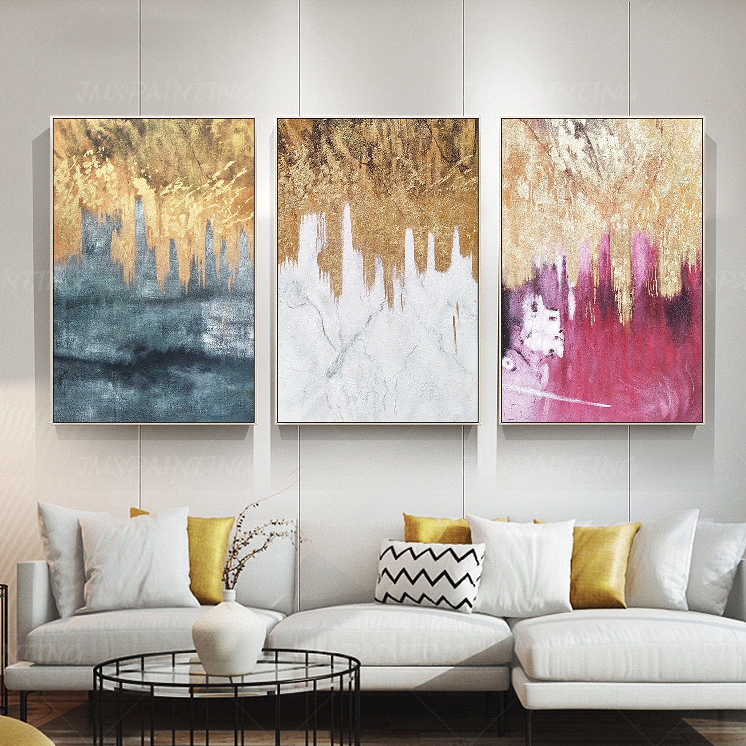 3 pieces Original Abstract gold leaf waterfall Acrylic Painting On Canvas black  #1