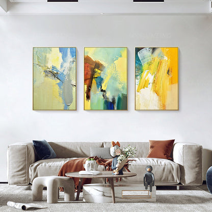 3 stuks geelgroen abstract origineel schilderij op canvas, getextureerde schilde #2