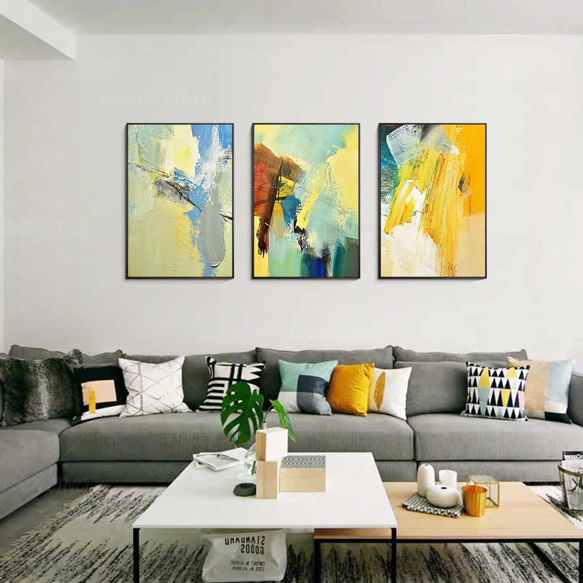 3 stuks geelgroen abstract origineel schilderij op canvas, getextureerde schilde #11