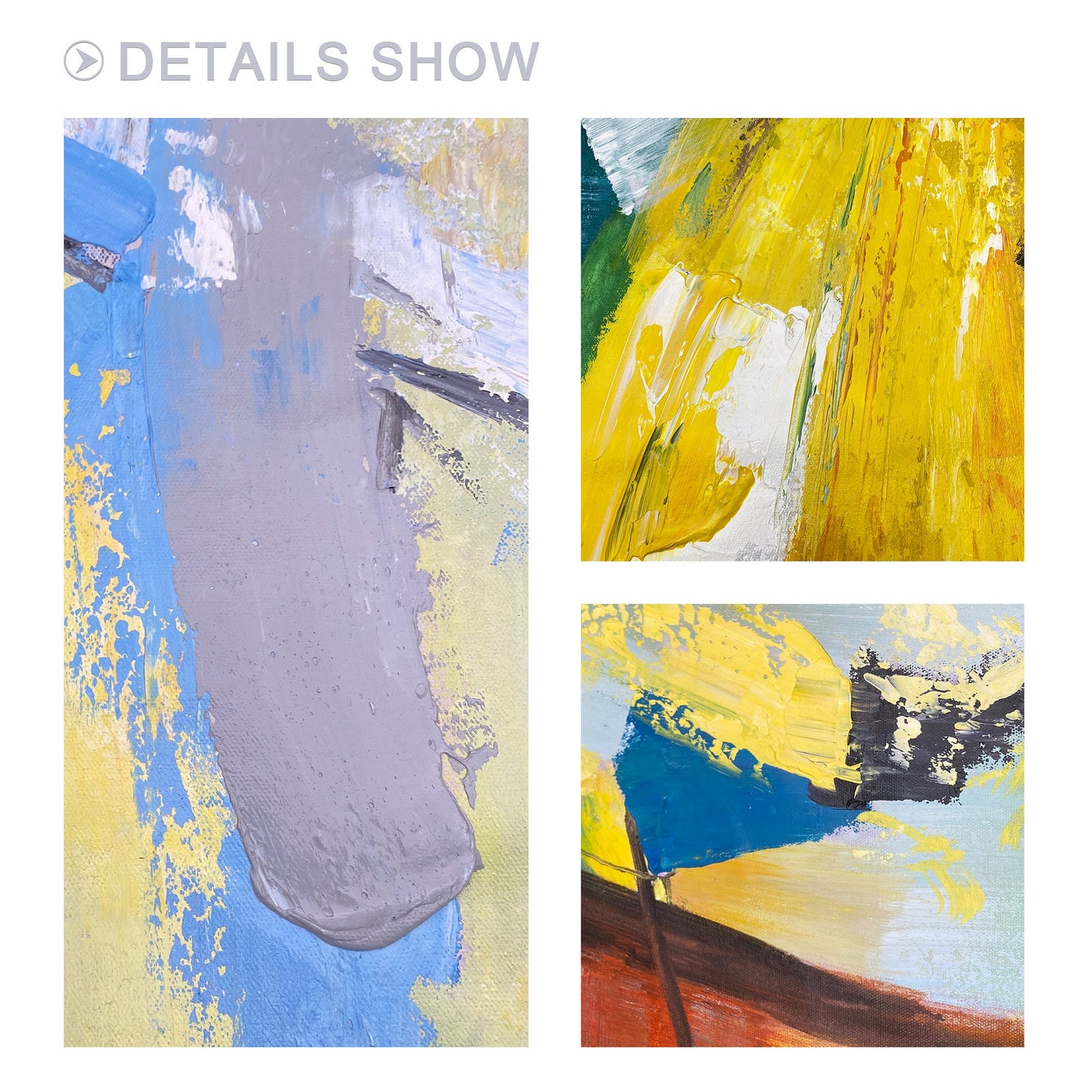 3 stuks geelgroen abstract origineel schilderij op canvas, getextureerde schilde #16