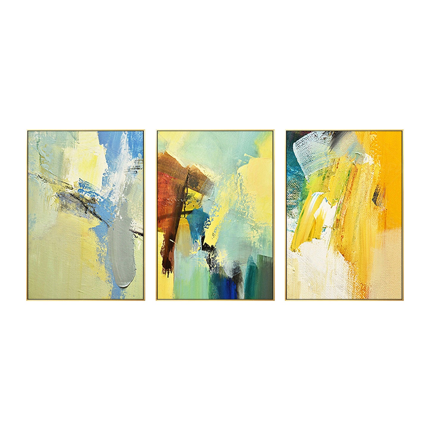 3 stuks geelgroen abstract origineel schilderij op canvas, getextureerde schilde #18