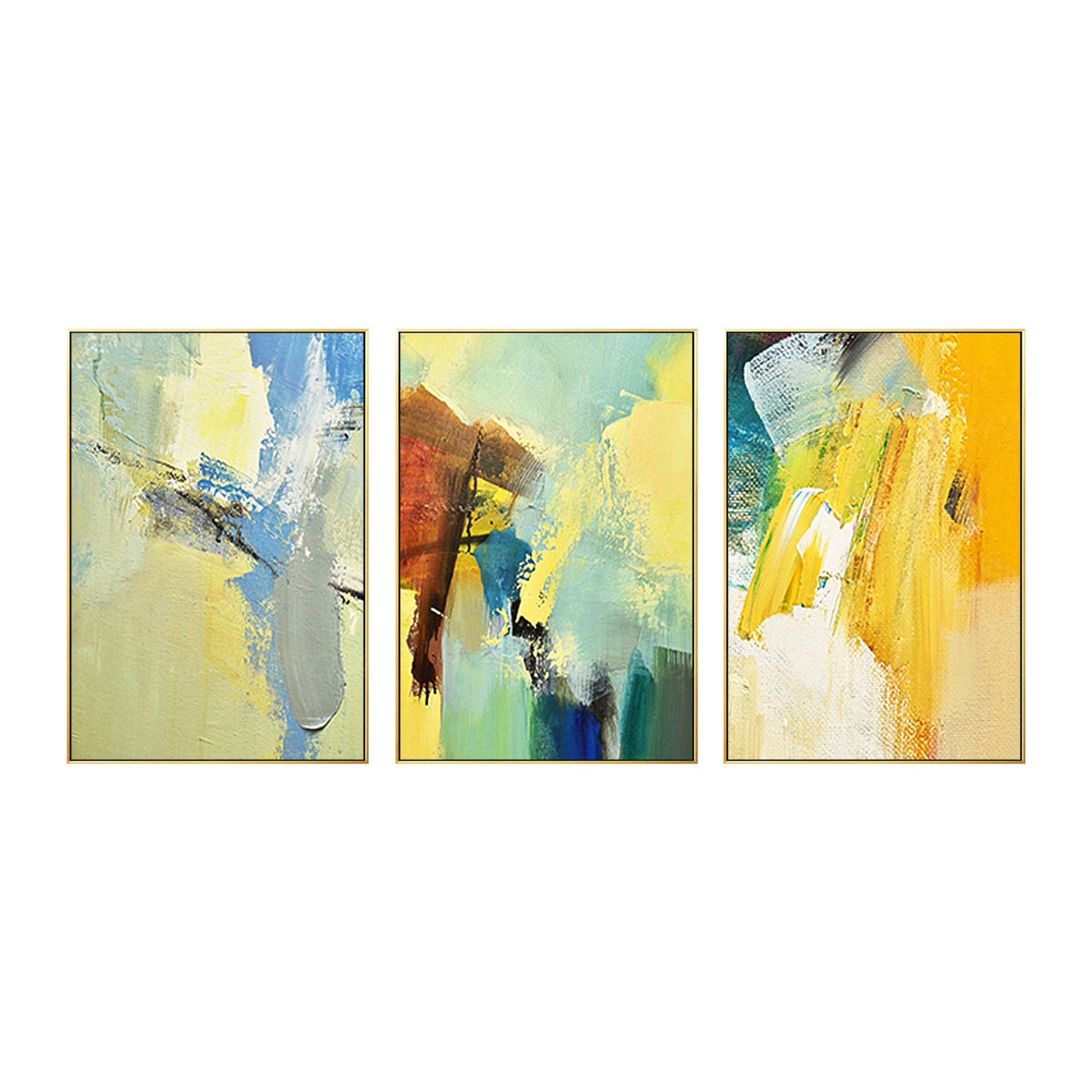 3 stuks geelgroen abstract origineel schilderij op canvas, getextureerde schilde #18