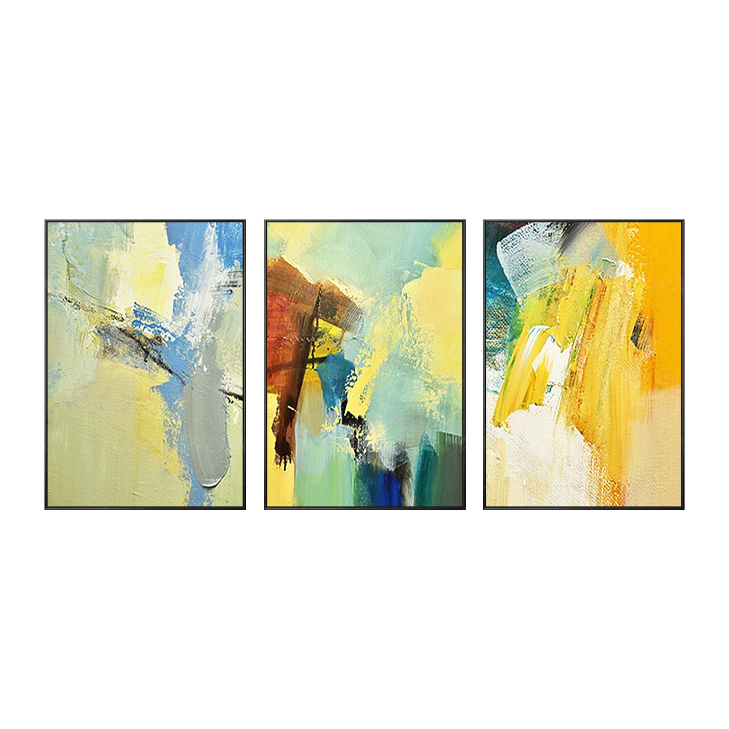 3 stuks geelgroen abstract origineel schilderij op canvas, getextureerde schilde #20