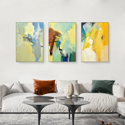 3 stuks geelgroen abstract origineel schilderij op canvas, getextureerde schilde #5