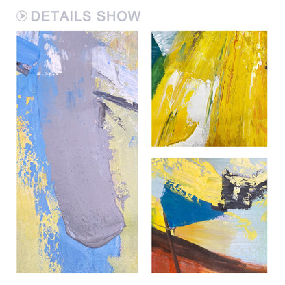 3 stuks geelgroen abstract origineel schilderij op canvas, getextureerde schilde #6