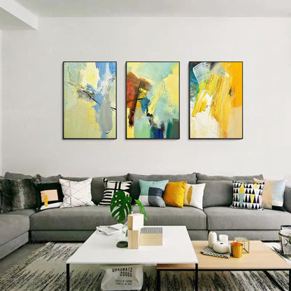 3 stuks geelgroen abstract origineel schilderij op canvas, getextureerde schilde #1