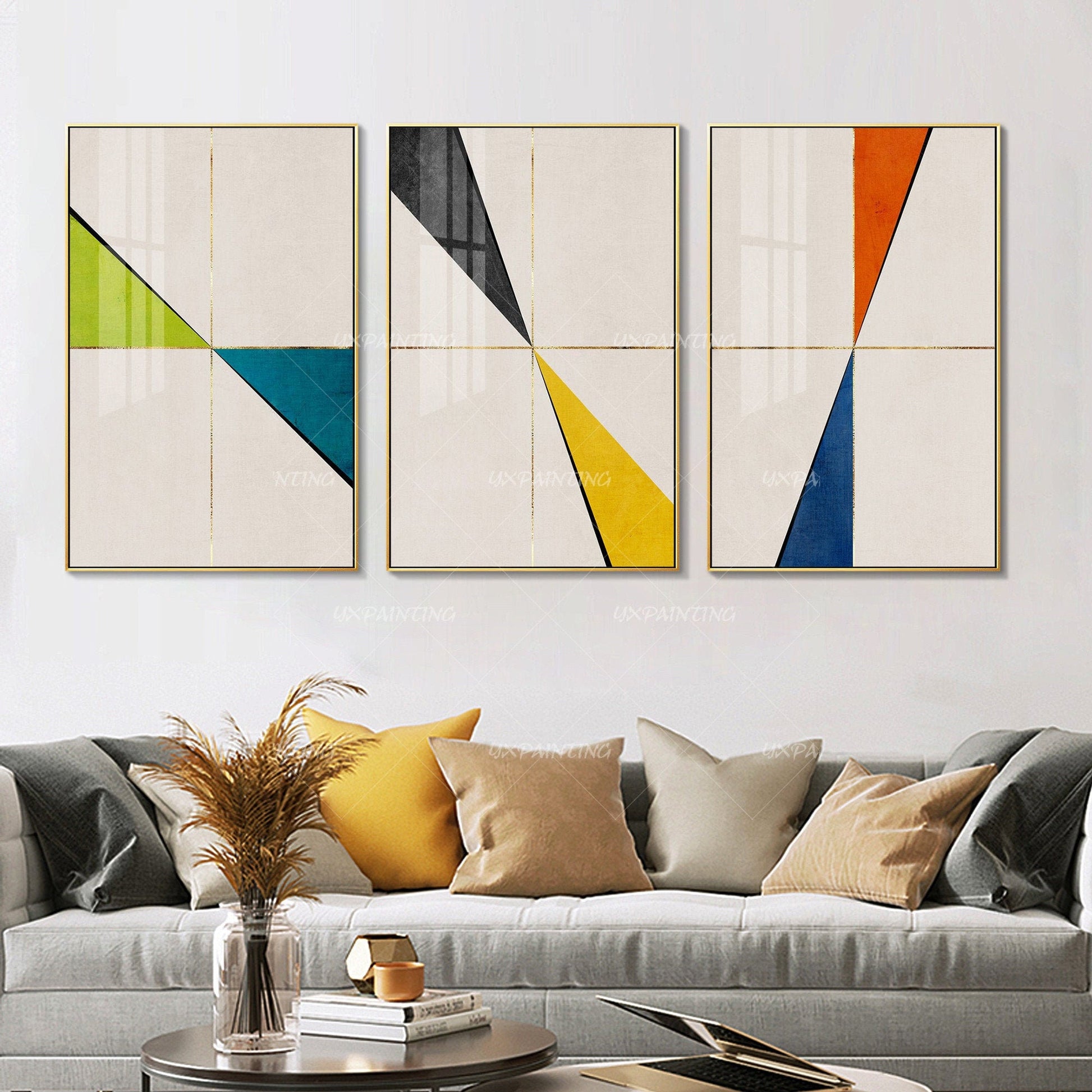 3 stuks geometrische kunst abstracte gouden kunst acrylschilderijen op canvas or #11