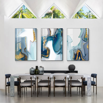 3 stuks groenblauw bladgoud giet schilderij, origineel abstract schilderij op ca #14