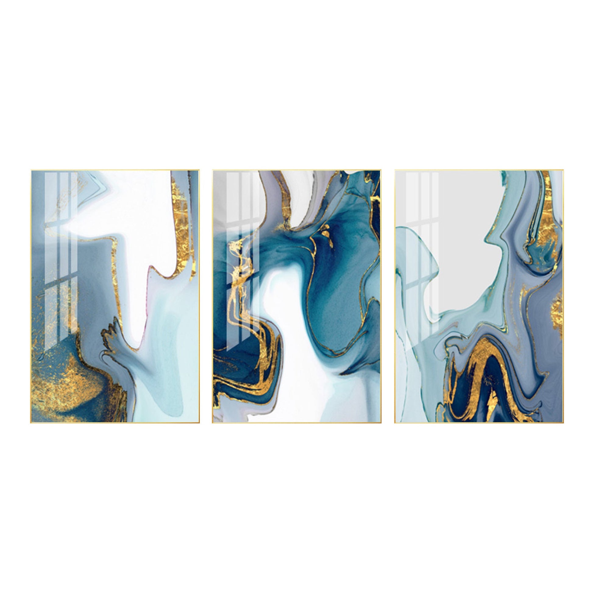 3 stuks groenblauw bladgoud giet schilderij, origineel abstract schilderij op ca #18
