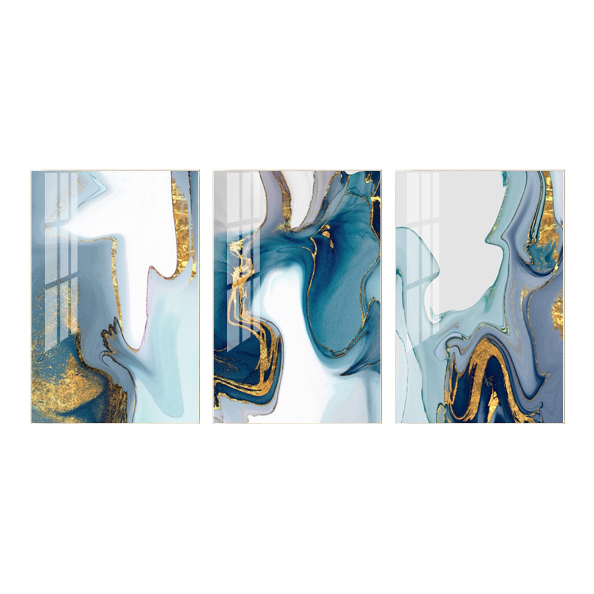 3 stuks groenblauw bladgoud giet schilderij, origineel abstract schilderij op ca #19
