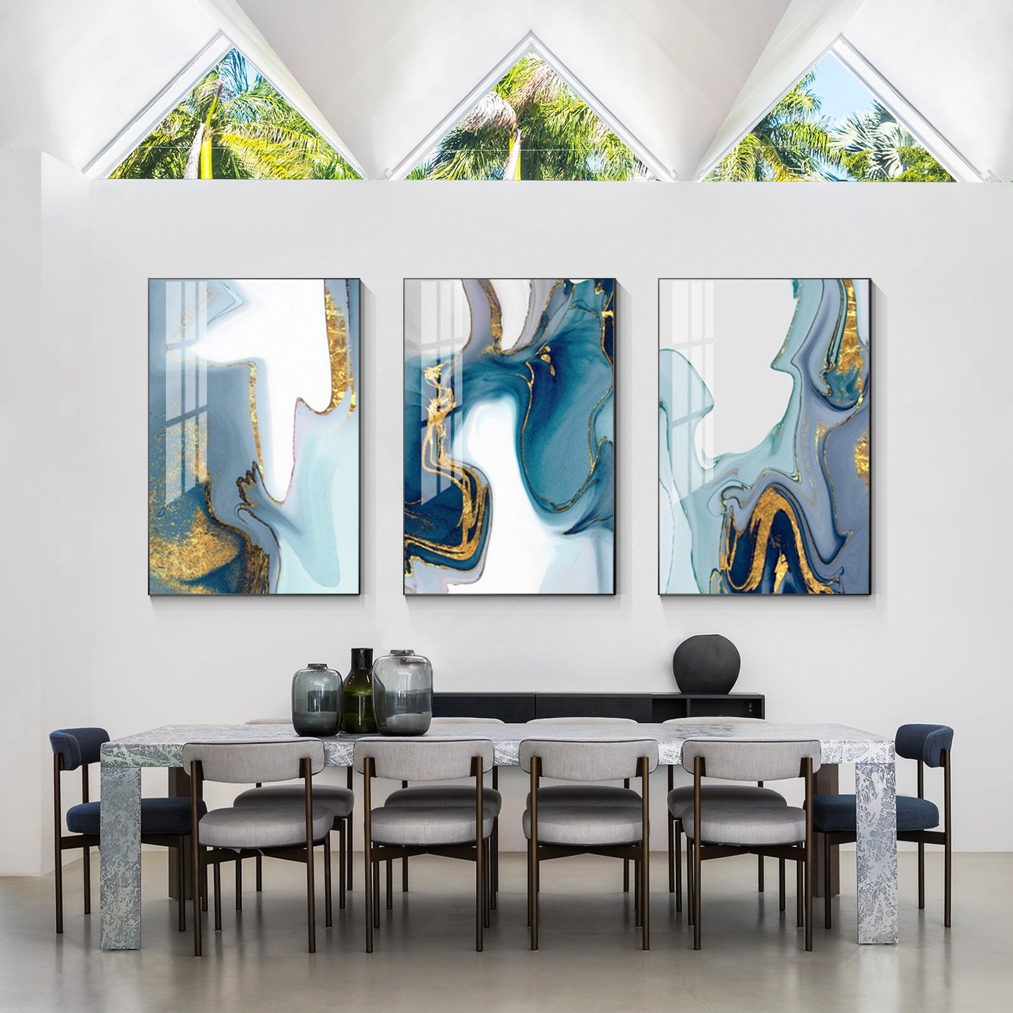 3 stuks groenblauw bladgoud giet schilderij, origineel abstract schilderij op ca #4