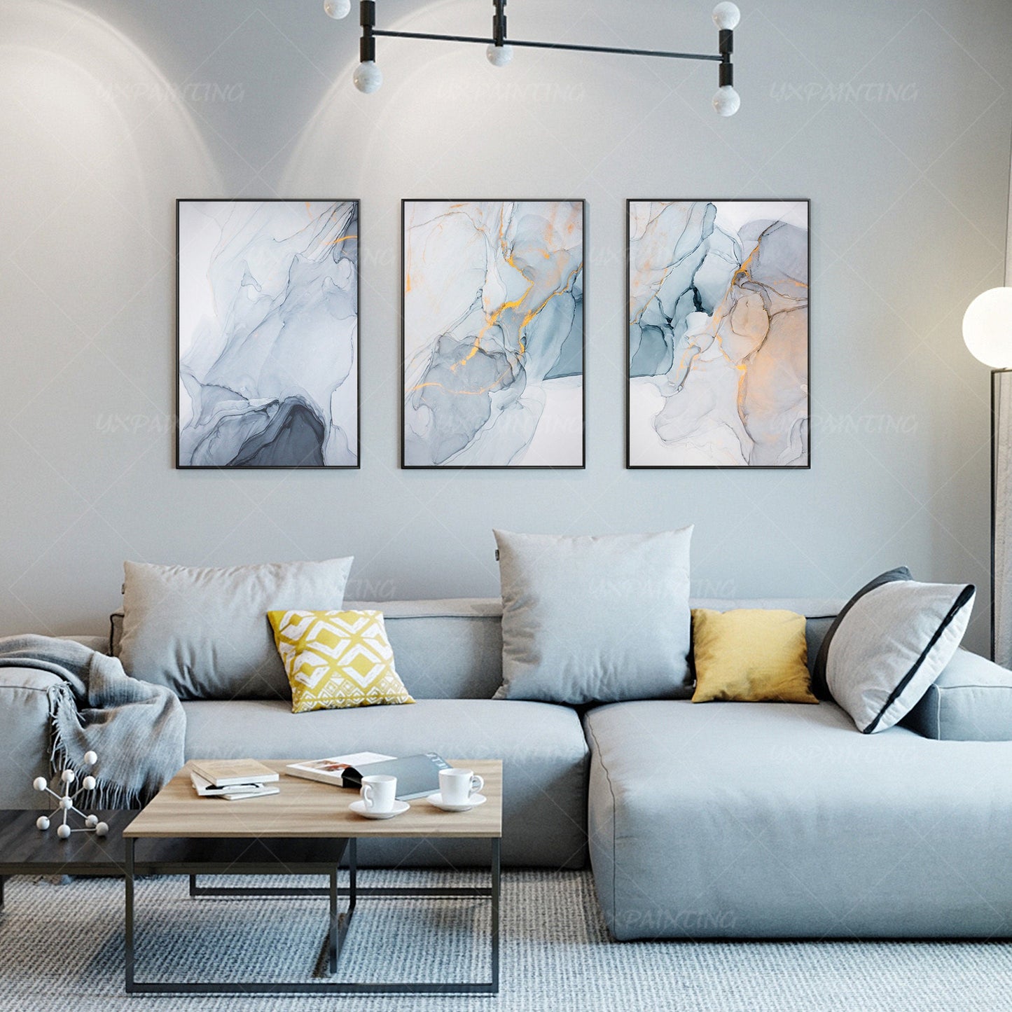 3 stuks ingelijste muurkunst afdrukbare gouden kunst abstracte digitale print op #12