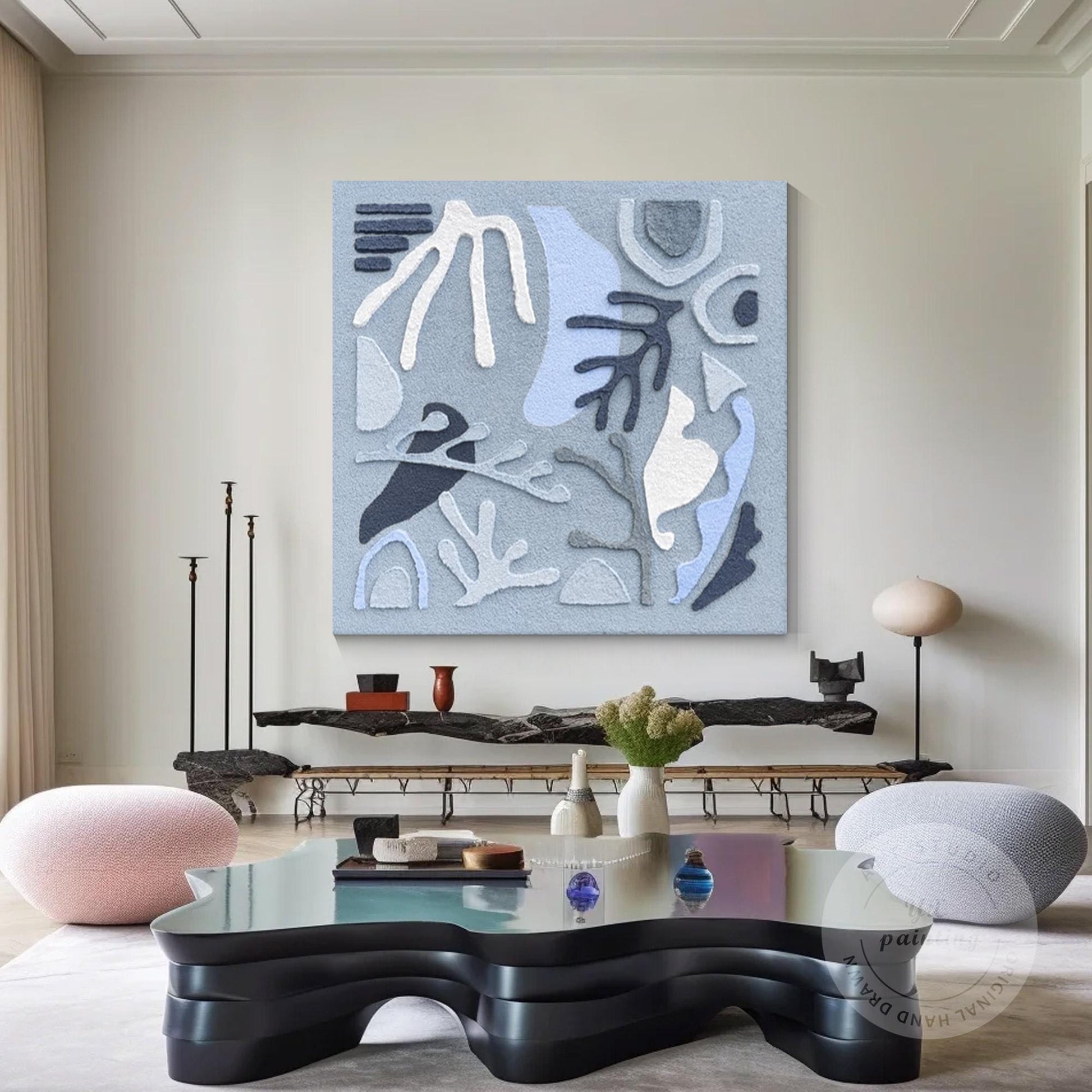 3D Blue Textured Abstract Wall Art, Original Painting on Canvas, Extra Large Squ #2