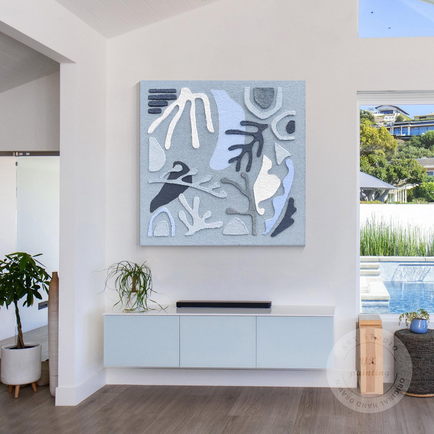 3D Blue Textured Abstract Wall Art, Original Painting on Canvas, Extra Large Squ #5