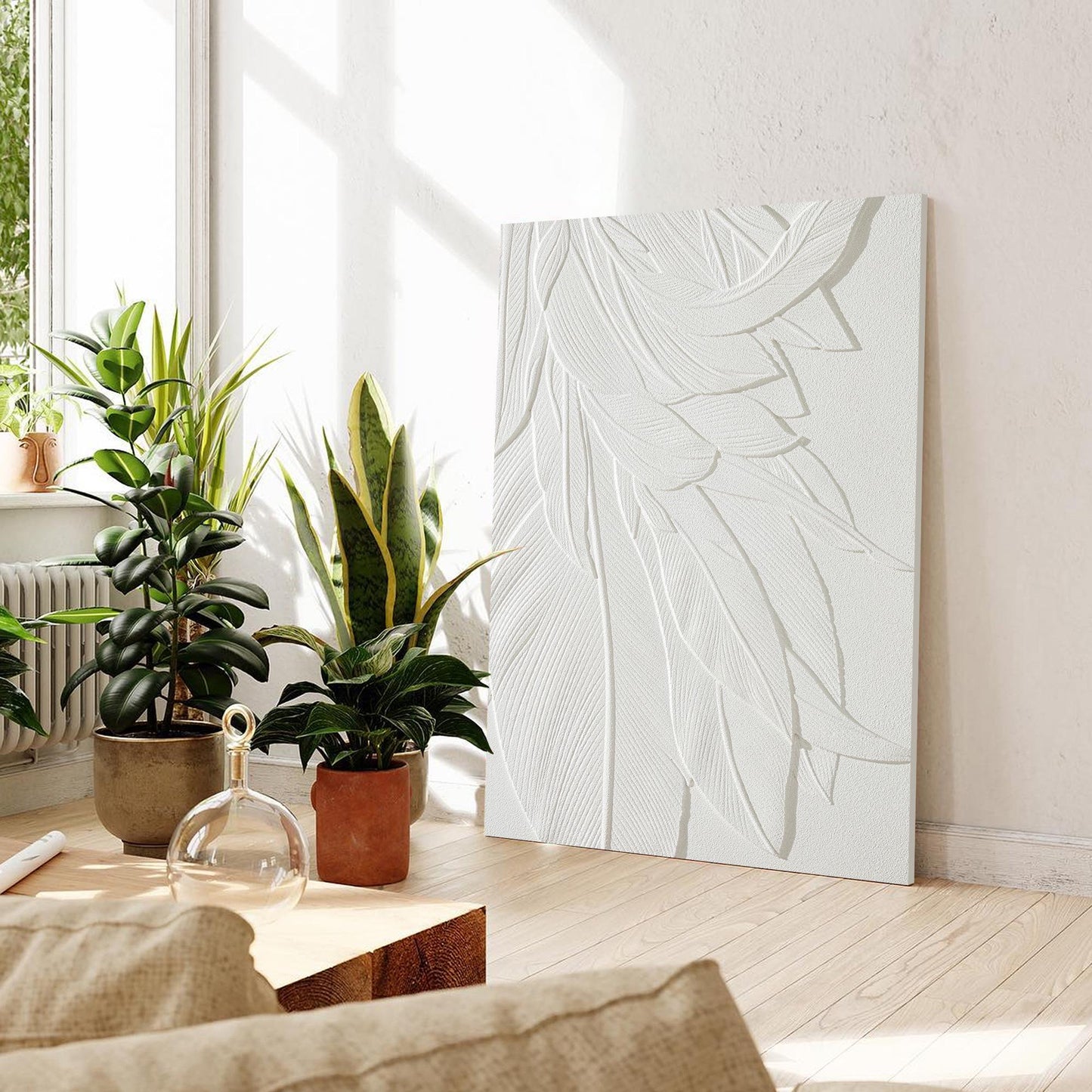 3D-muurkunst houtsnede bananenblad: witte textuur, minimalistisch decor #11