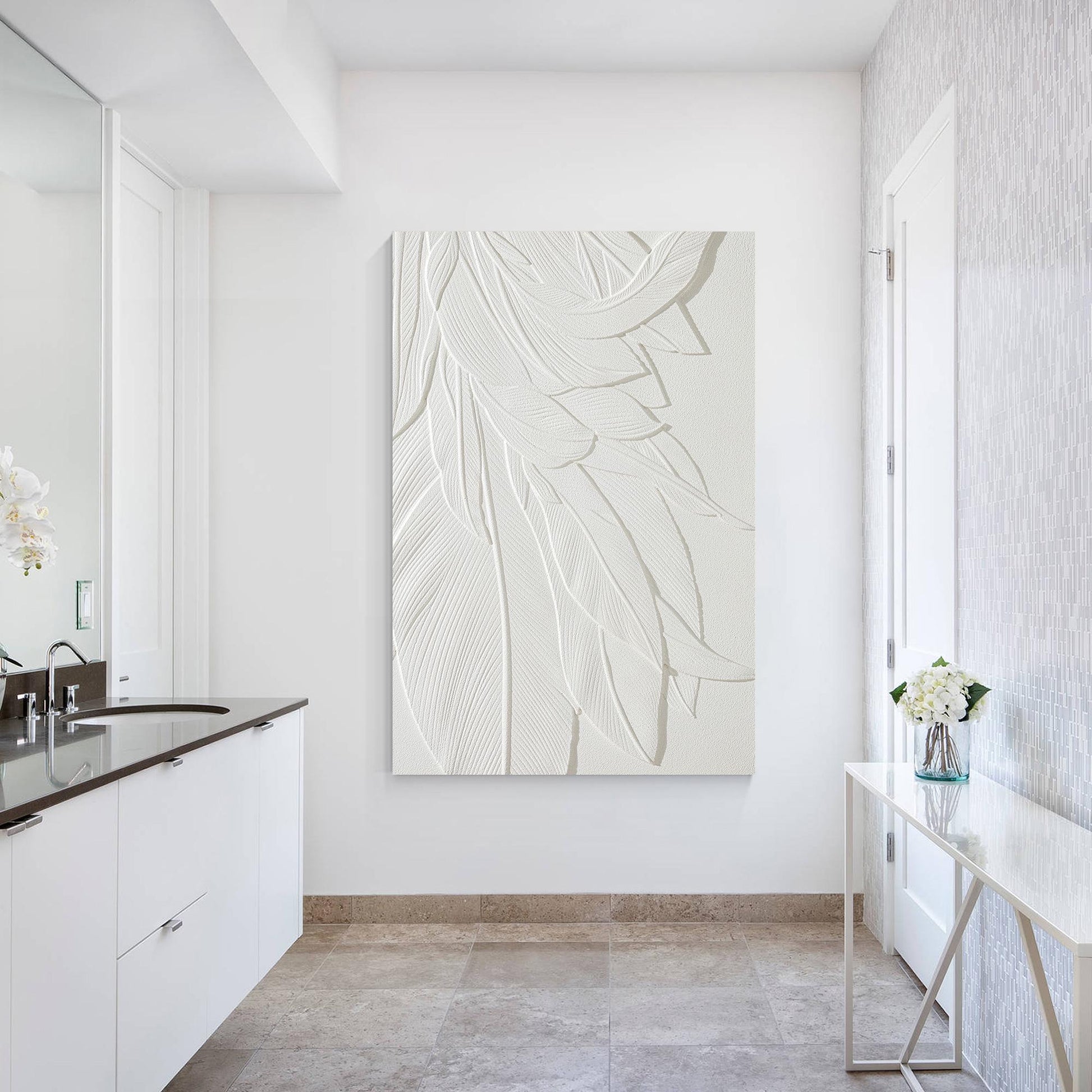 3D-muurkunst houtsnede bananenblad: witte textuur, minimalistisch decor #5