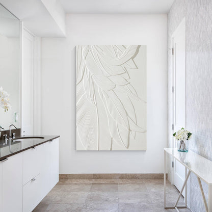 3D-muurkunst houtsnede bananenblad: witte textuur, minimalistisch decor #5