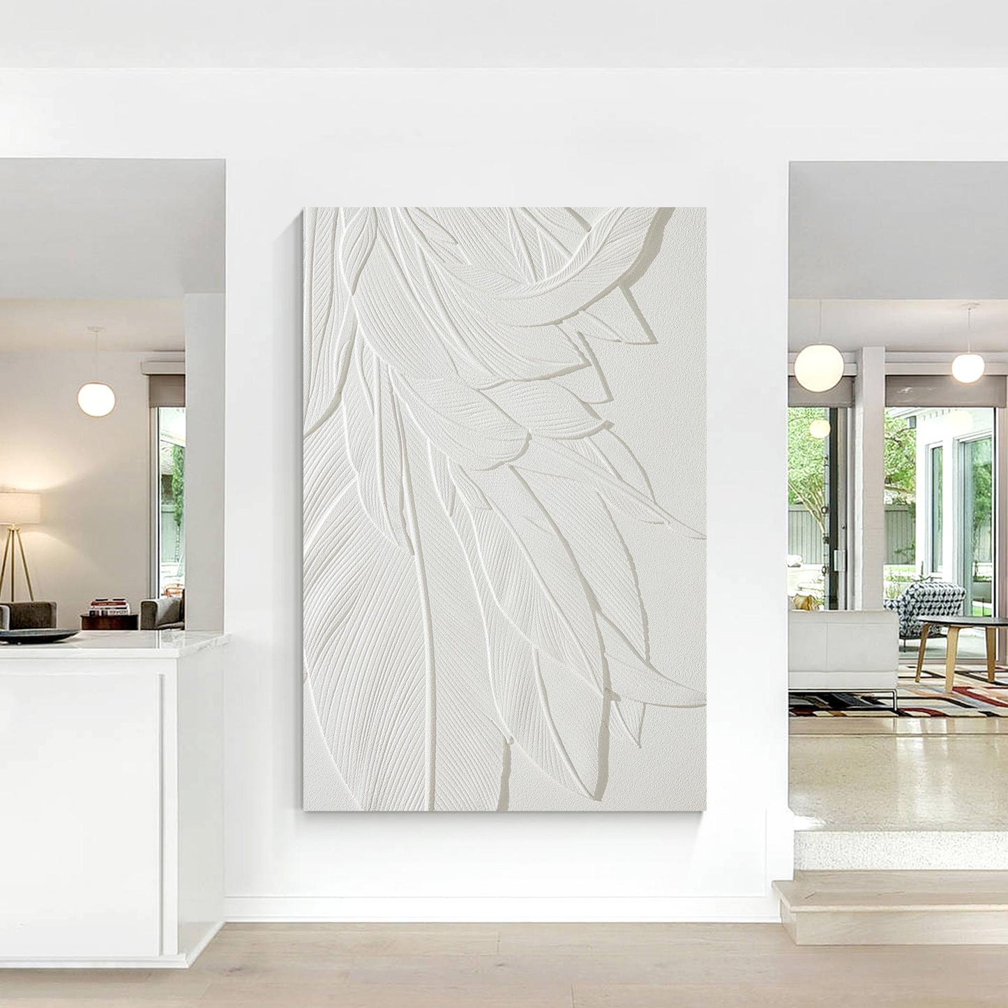 3D-muurkunst houtsnede bananenblad: witte textuur, minimalistisch decor #1