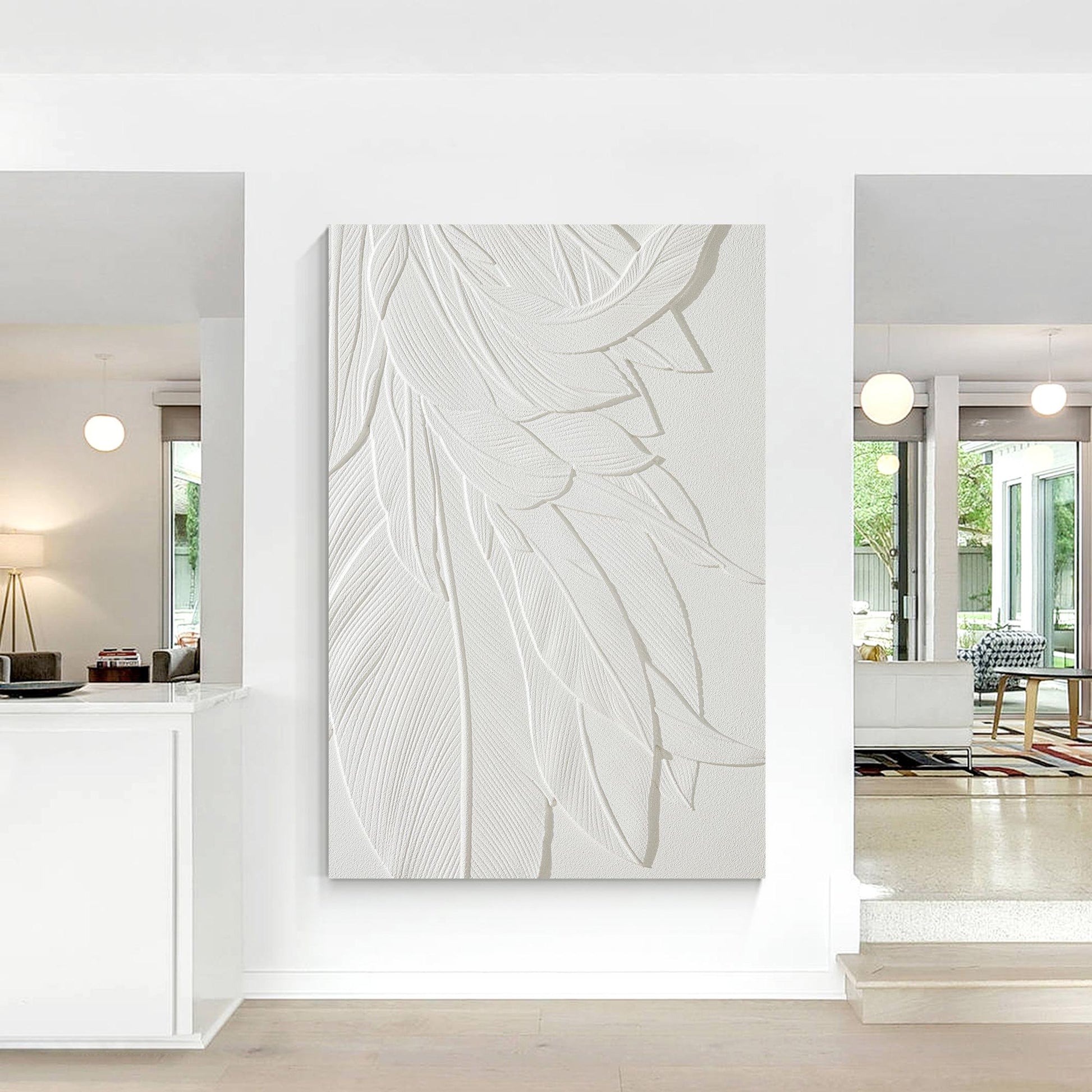 3D-muurkunst houtsnede bananenblad: witte textuur, minimalistisch decor #1