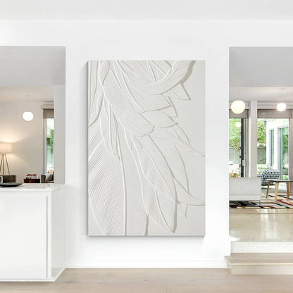 3D-muurkunst houtsnede bananenblad: witte textuur, minimalistisch decor #1