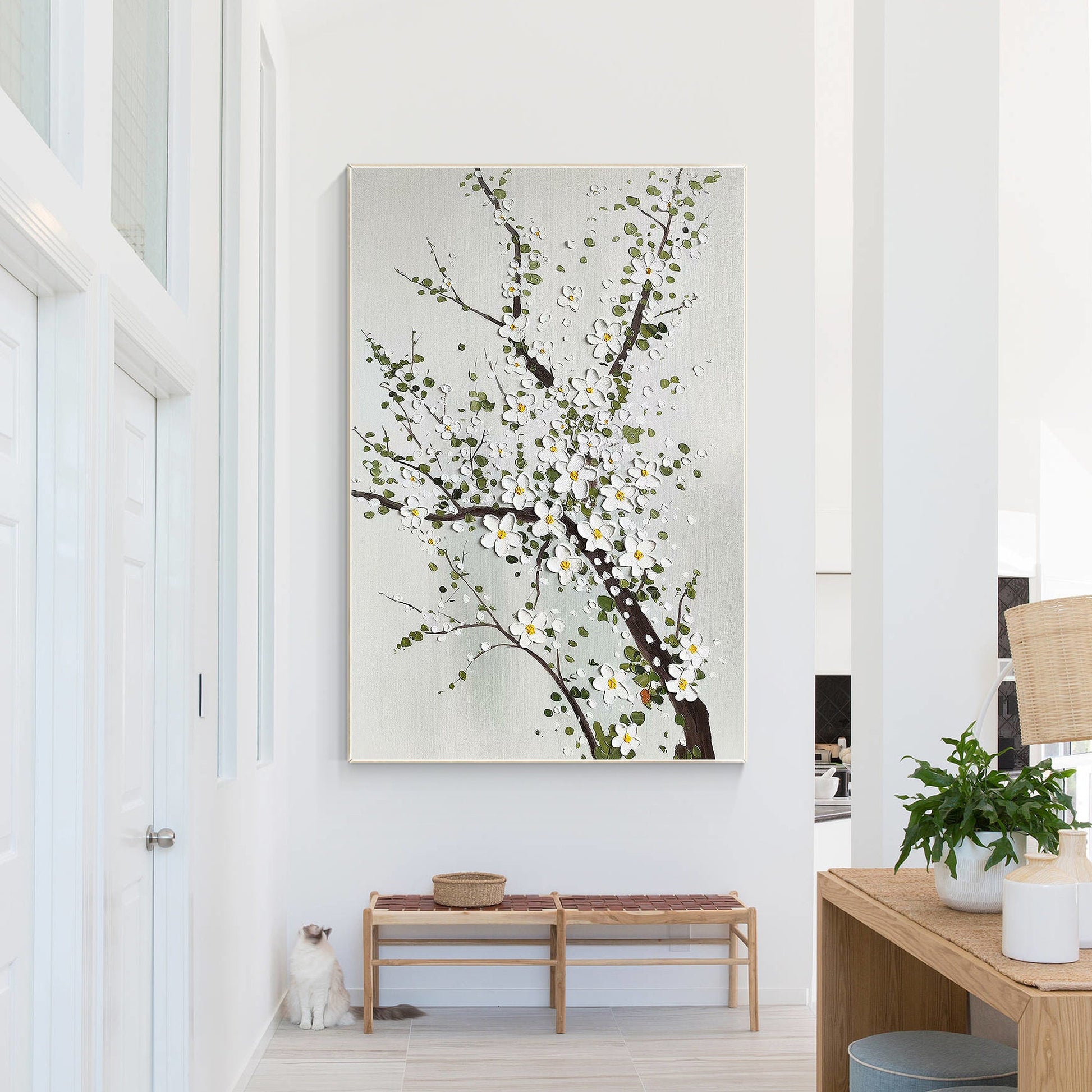 3D Texture Plum Blossom Painting: White Flowers on Canvas, Large Floral Wall Art #2