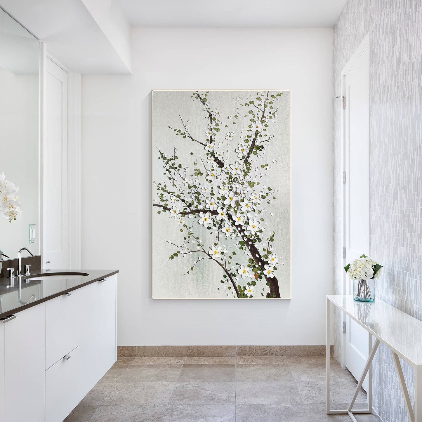 3D Texture Plum Blossom Painting: White Flowers on Canvas, Large Floral Wall Art #3