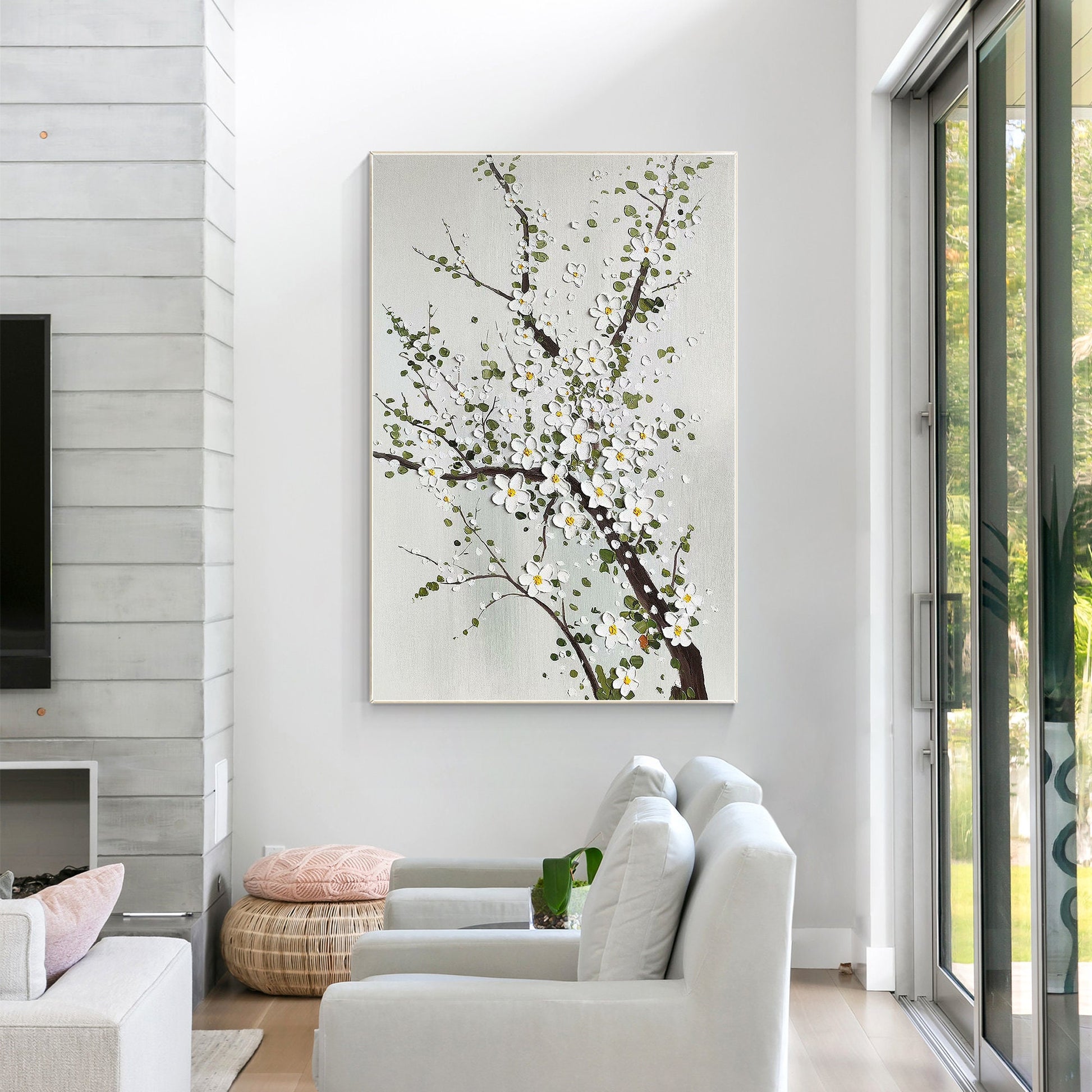 3D Texture Plum Blossom Painting: White Flowers on Canvas, Large Floral Wall Art #5