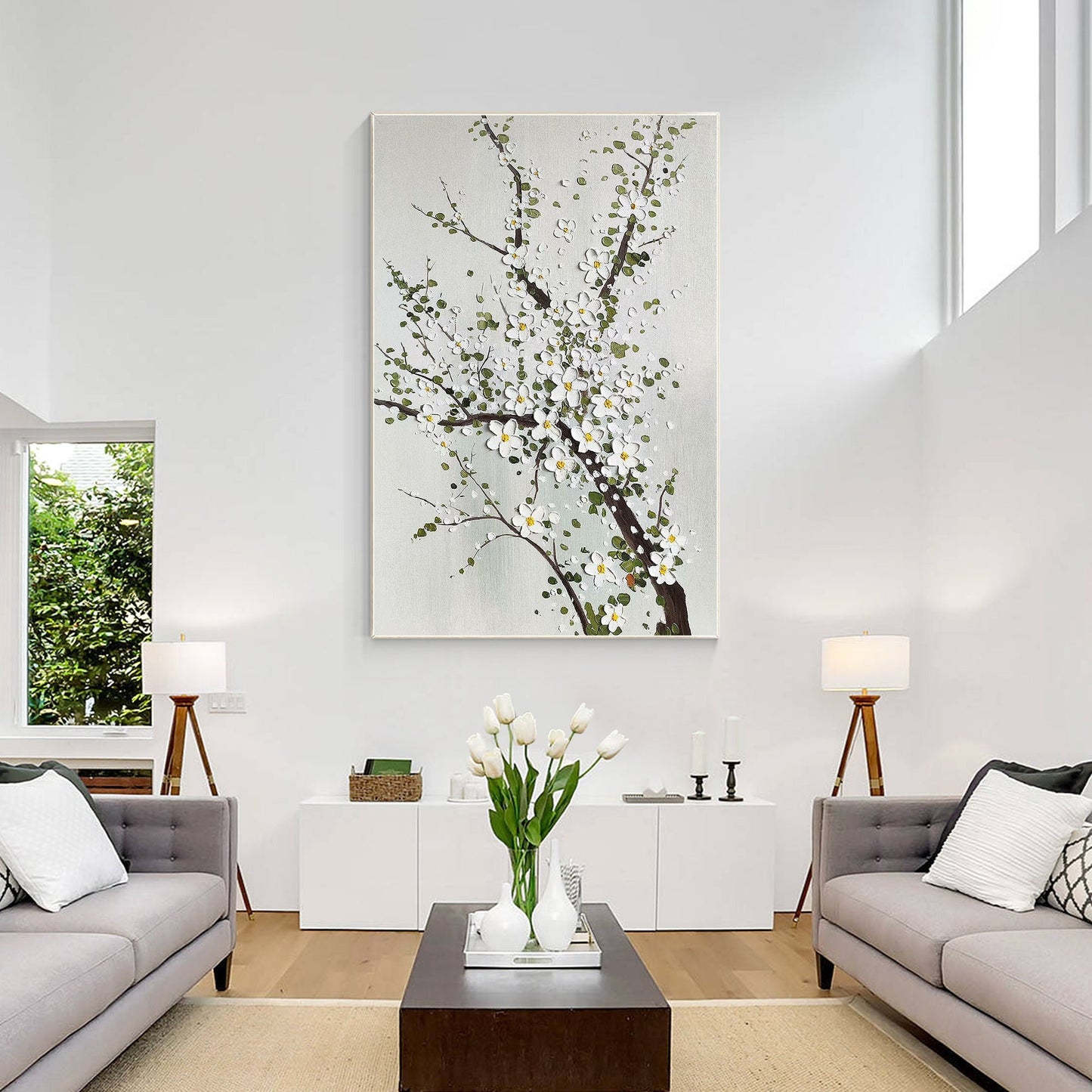 3D Texture Plum Blossom Painting: White Flowers on Canvas, Large Floral Wall Art #1