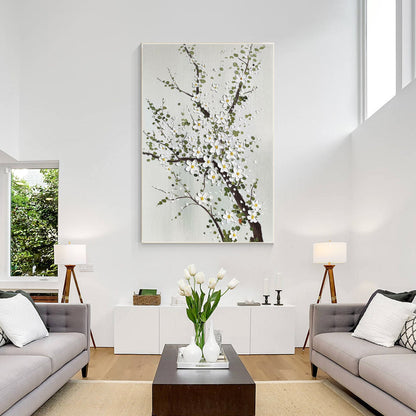 3D Texture Plum Blossom Painting: White Flowers on Canvas, Large Floral Wall Art #1