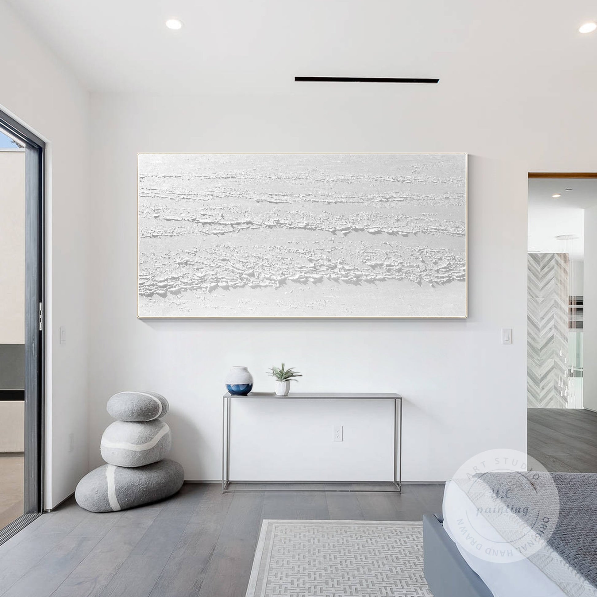 3D Texture White Painting: Large Minimalist Framed Canvas Wall Art #3