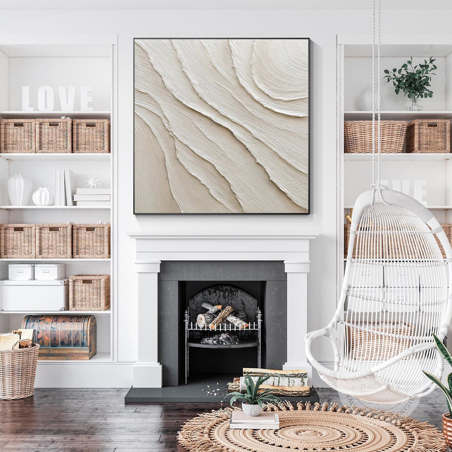 3D Textured Cream Beige Painting: Minimalist Square Canvas Wall Art #2