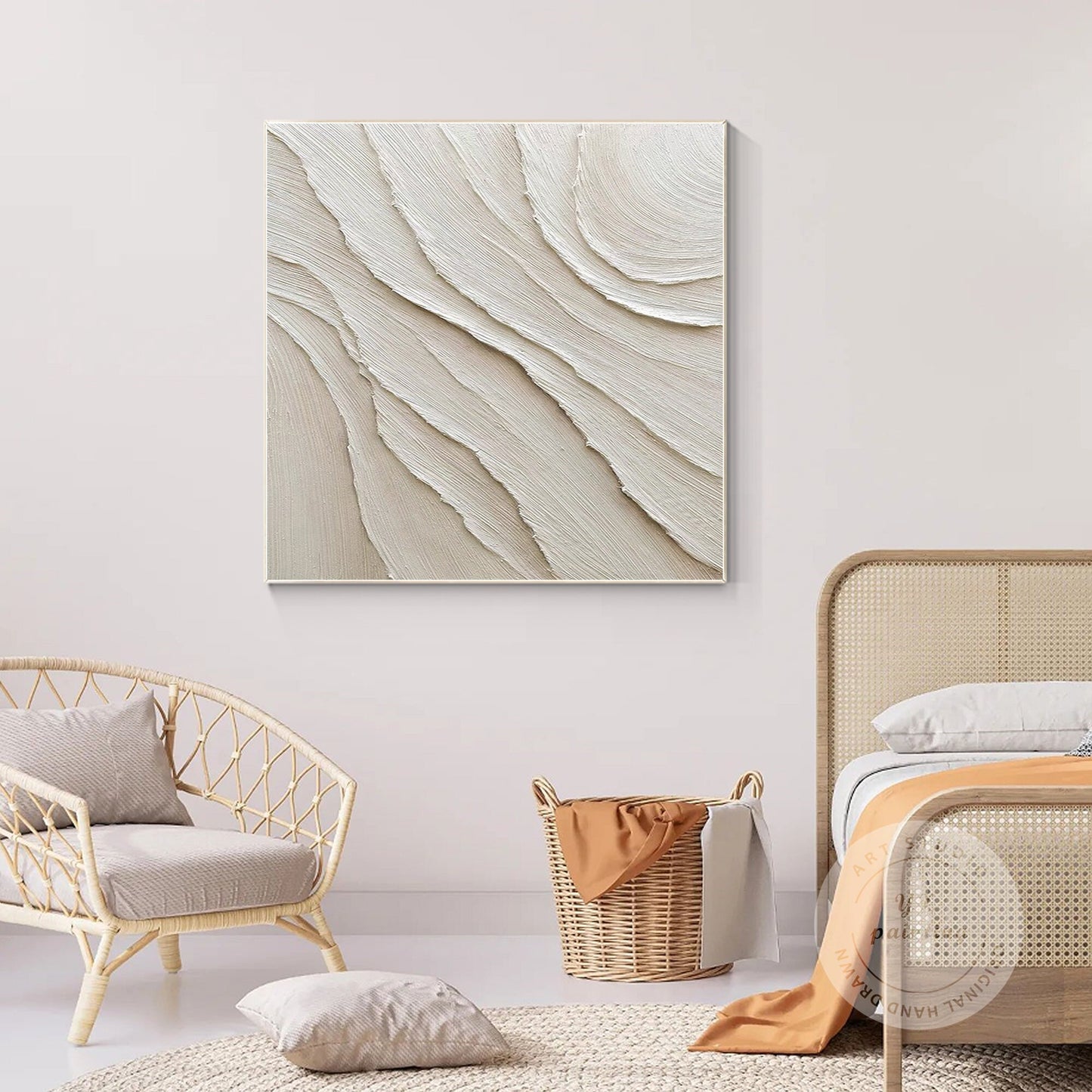 3D Textured Cream Beige Painting: Minimalist Square Canvas Wall Art #3