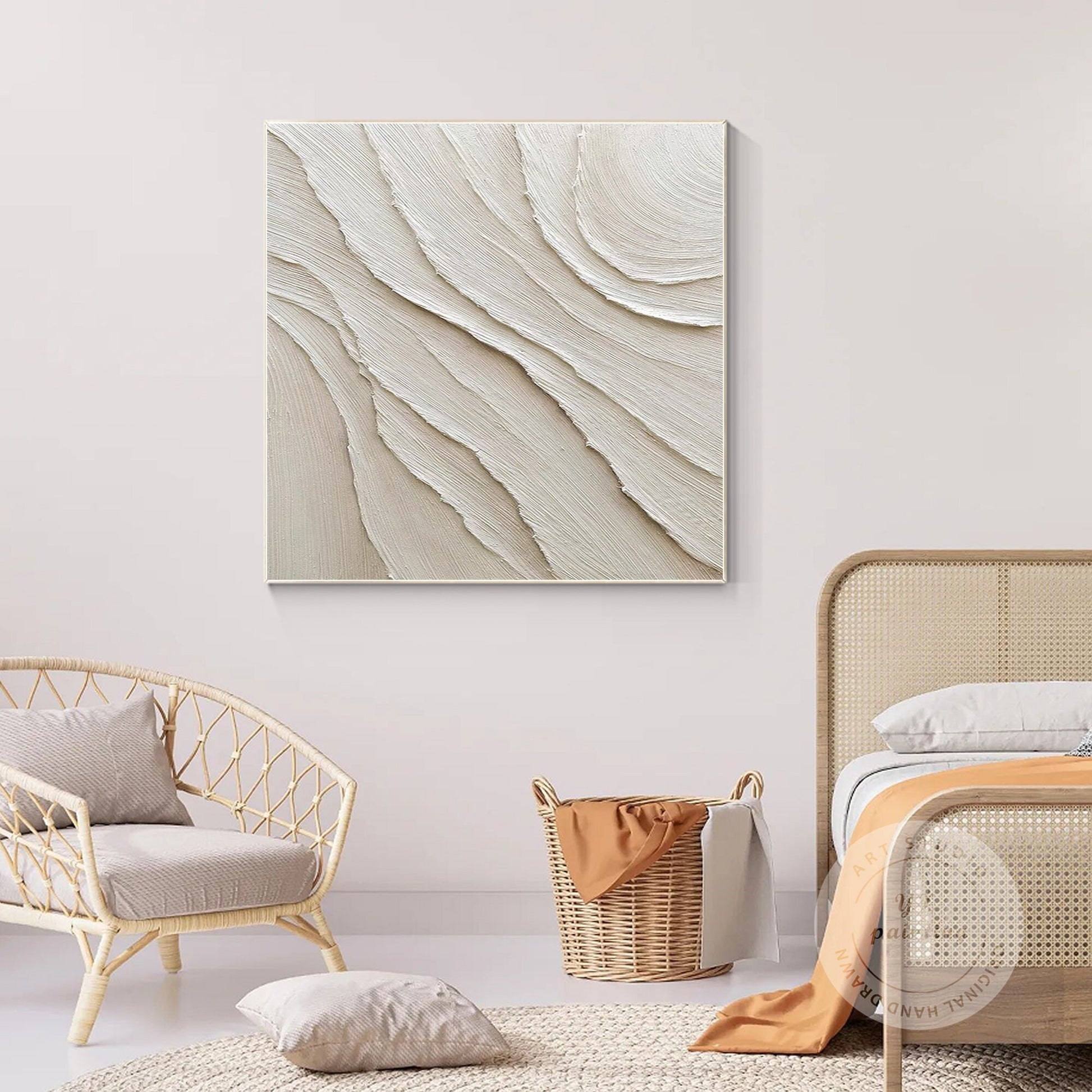 3D Textured Cream Beige Painting: Minimalist Square Canvas Wall Art #3