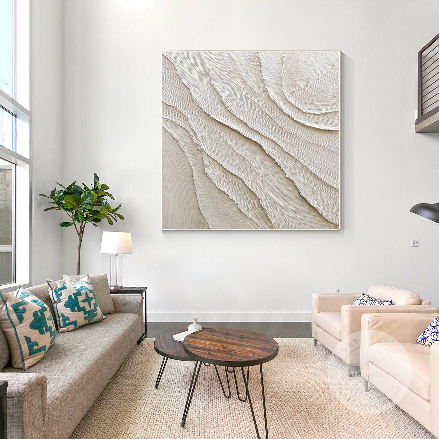 3D Textured Cream Beige Painting: Minimalist Square Canvas Wall Art #4