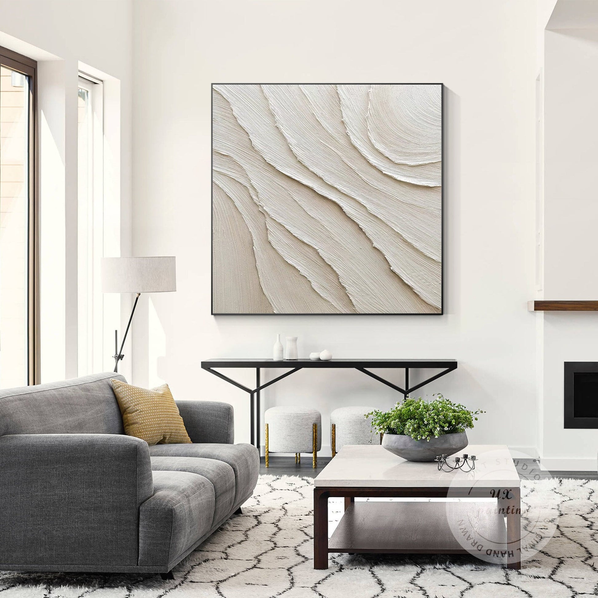 3D Textured Cream Beige Painting: Minimalist Square Canvas Wall Art #1