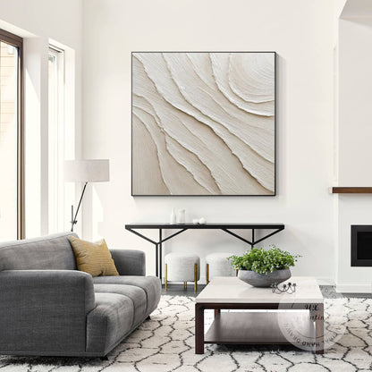 3D Textured Cream Beige Painting: Minimalist Square Canvas Wall Art #1