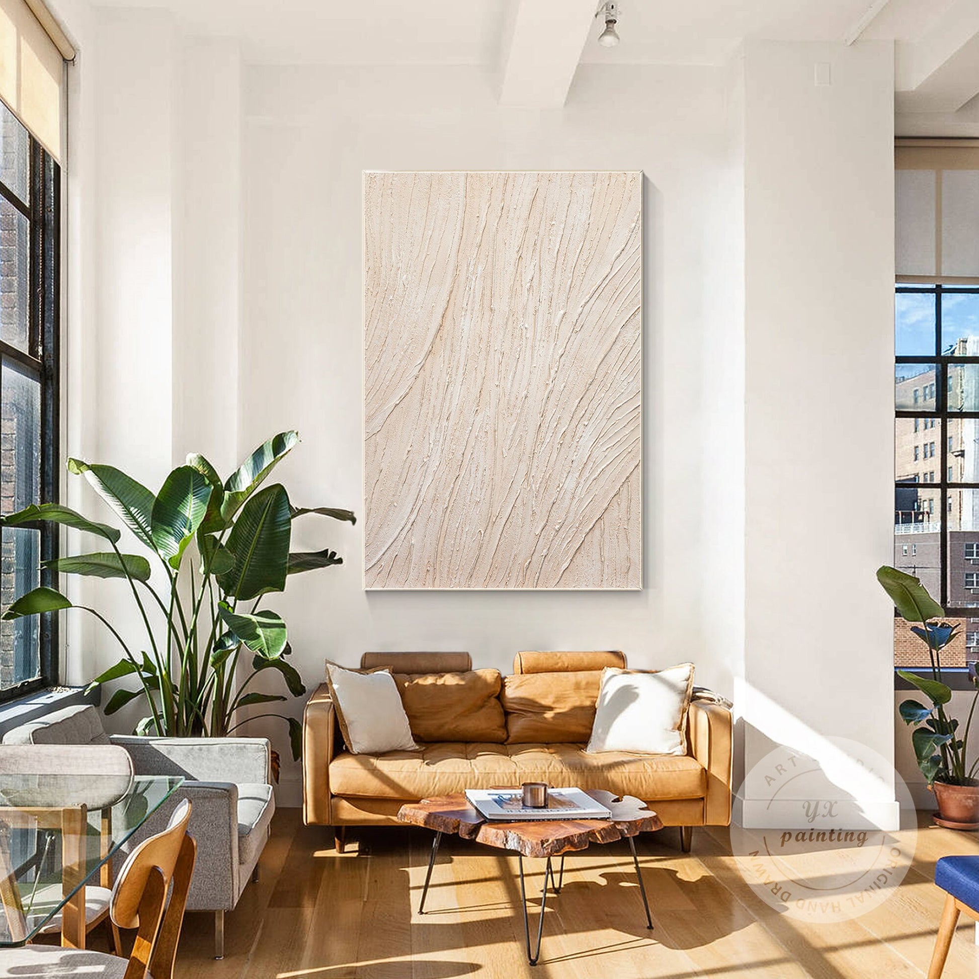 3D Textured Cream Beige Painting: Minimalist Vertical Wall Art #2