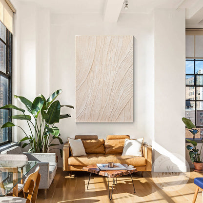 3D Textured Cream Beige Painting: Minimalist Vertical Wall Art #2