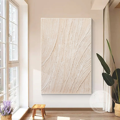 3D Textured Cream Beige Painting: Minimalist Vertical Wall Art #3