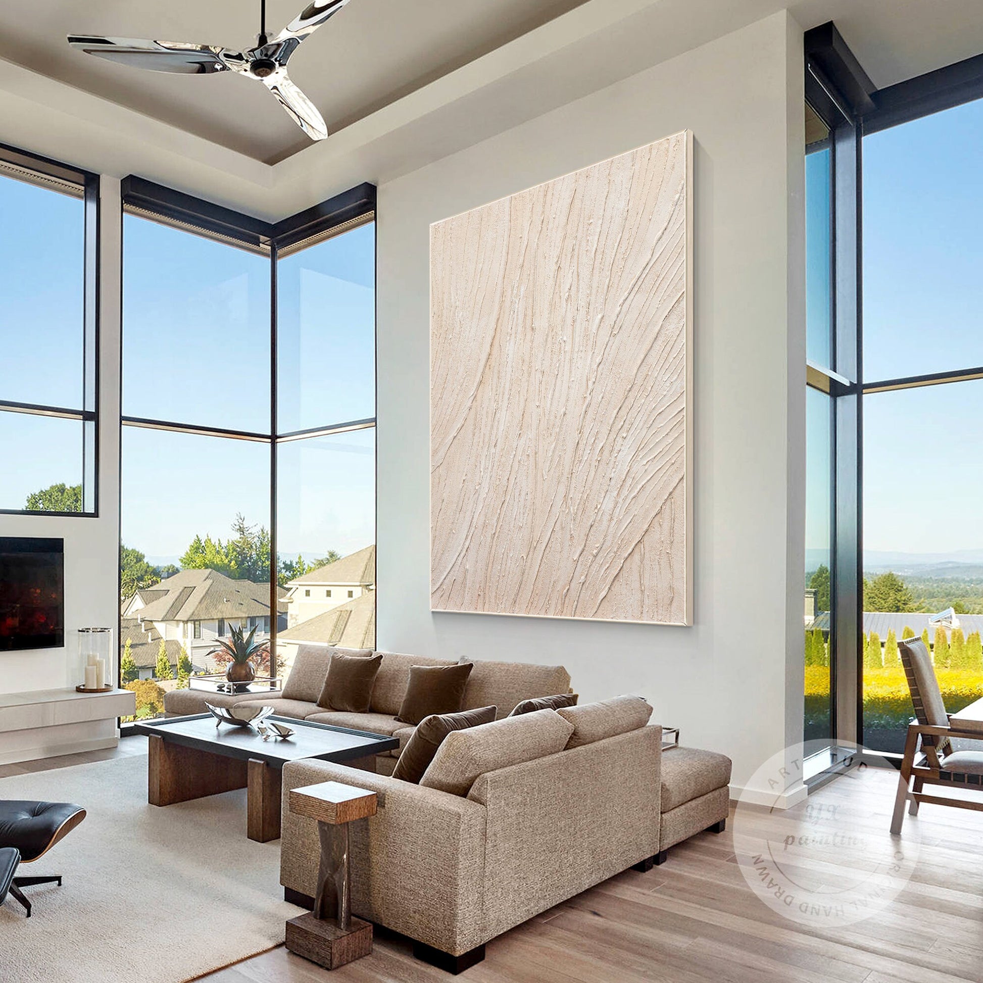 3D Textured Cream Beige Painting: Minimalist Vertical Wall Art #4