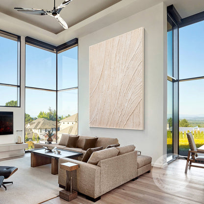 3D Textured Cream Beige Painting: Minimalist Vertical Wall Art #4