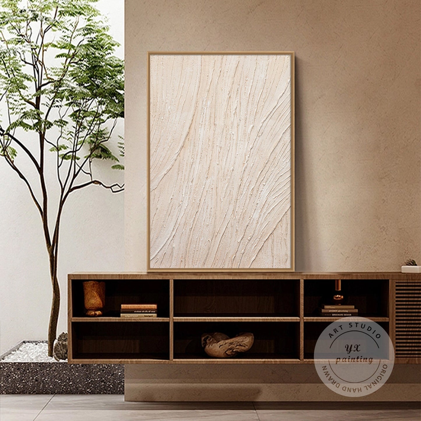 3D Textured Cream Beige Painting: Minimalist Vertical Wall Art #5