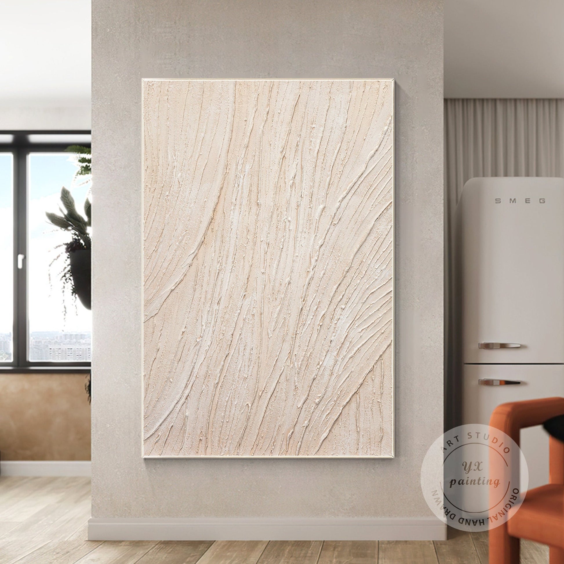 3D Textured Cream Beige Painting: Minimalist Vertical Wall Art #1