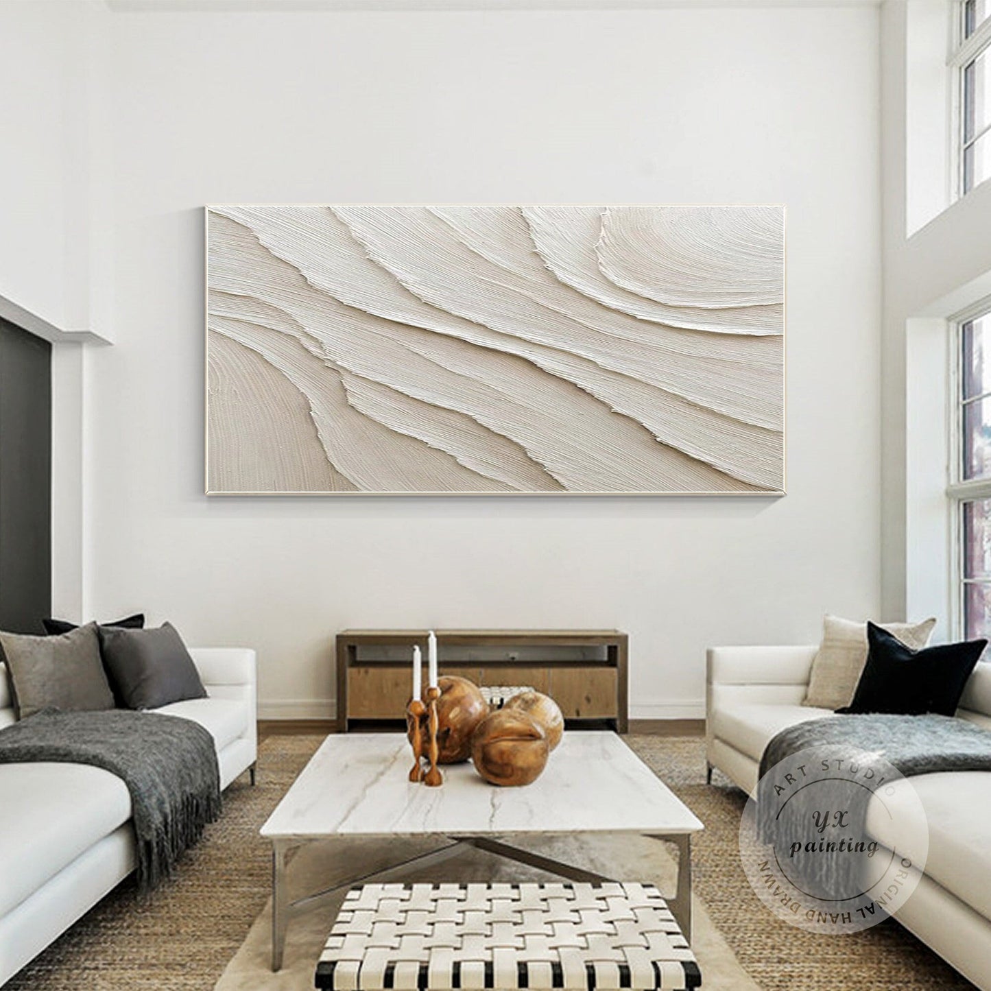 3D Textured Cream Beige Wall Art, Minimalist Abstract Canvas Painting, Large Neu #4