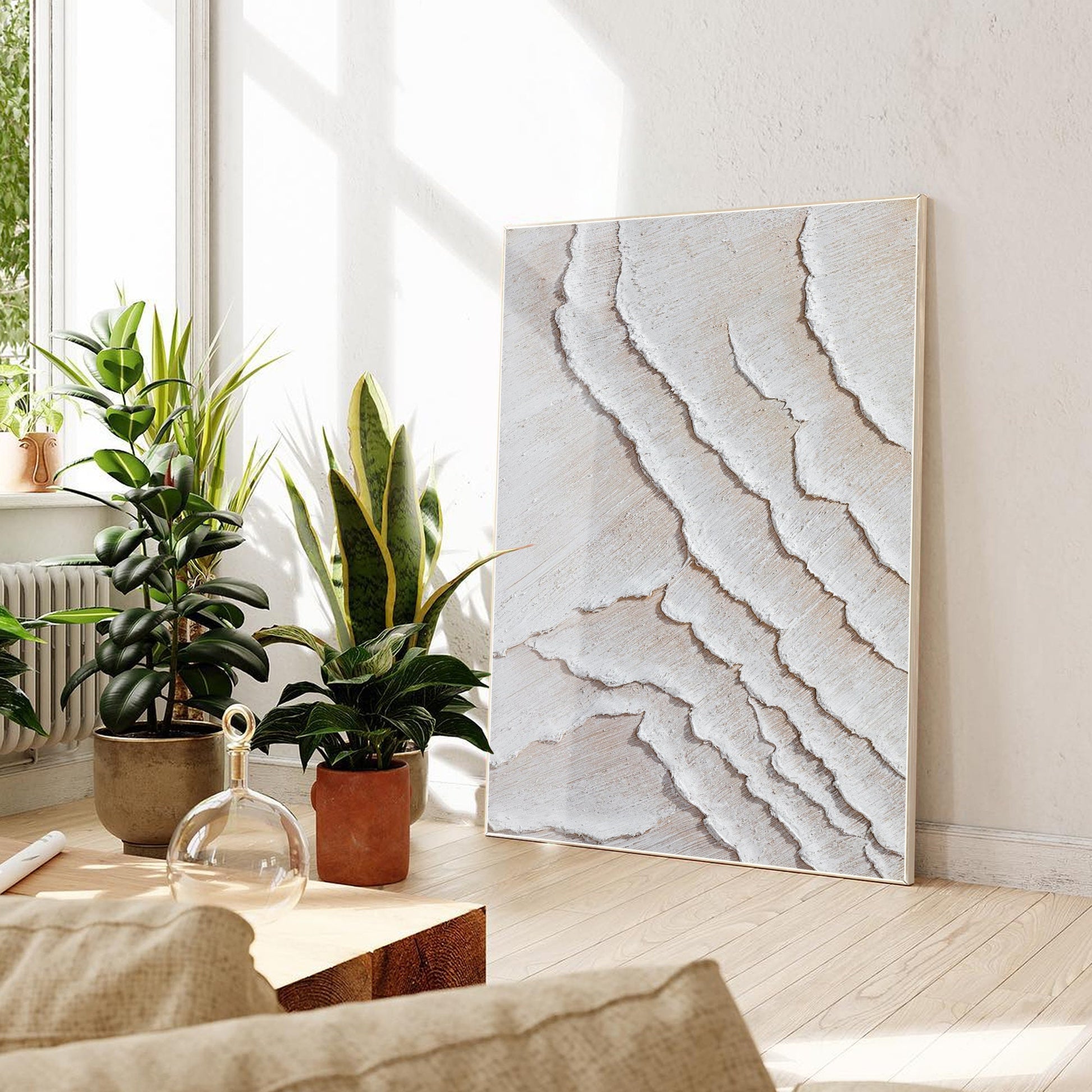 3D Textured Minimalist Painting: Cream Beige Tones, Large Canvas Wall Art #4