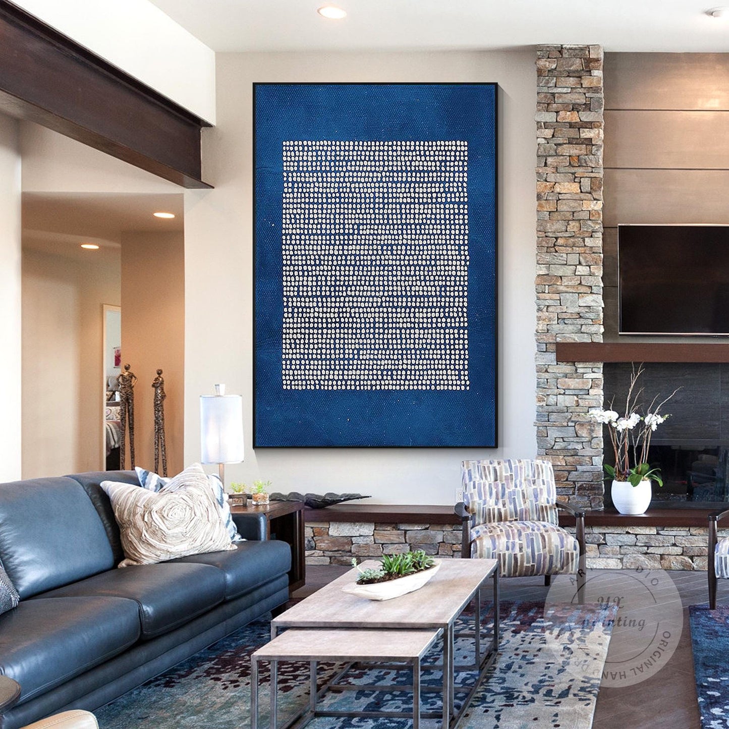 3D Textured Navy Blue Abstract Painting: Extra Large Minimalist Canvas Art #1