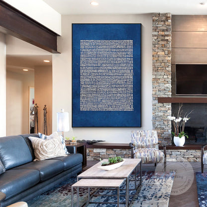 3D Textured Navy Blue Abstract Painting: Extra Large Minimalist Canvas Art #1