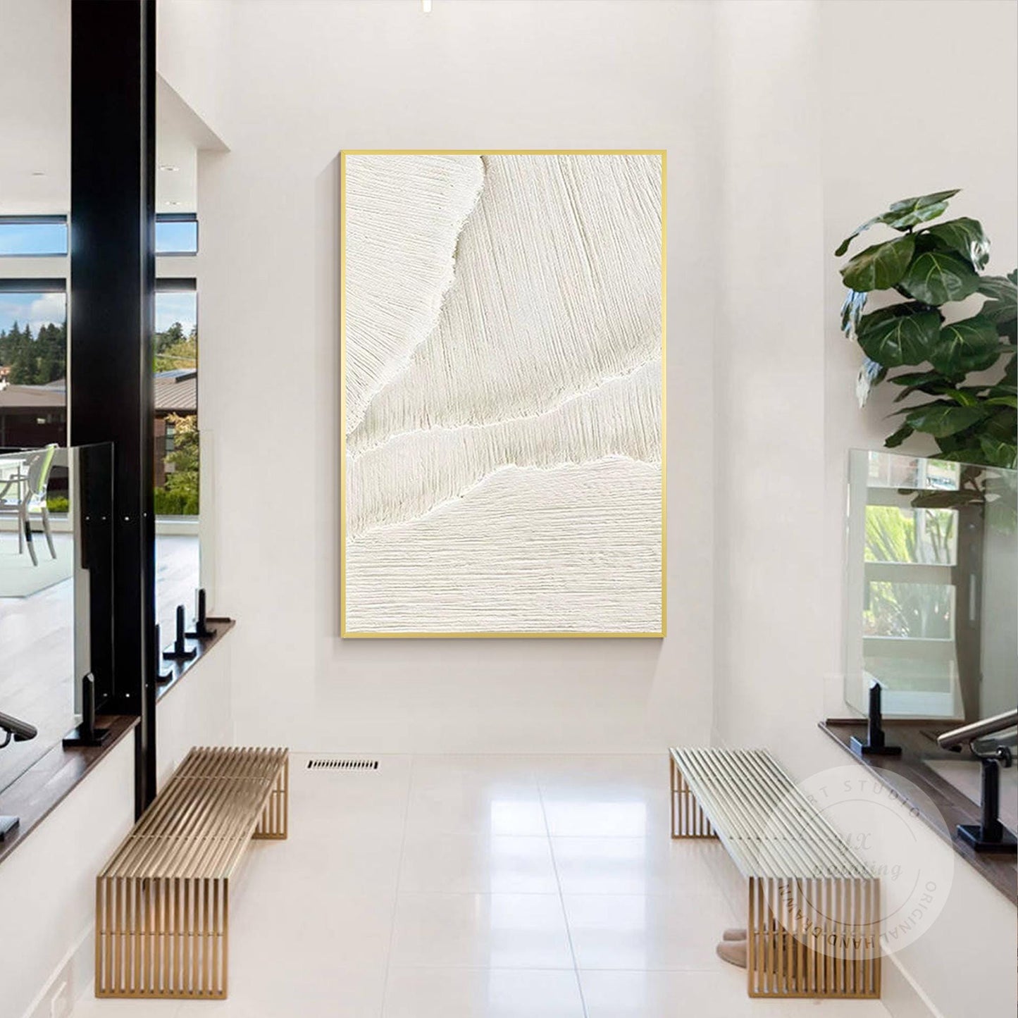 3D Textured Ocean Waves Wall Art, Beige White Plaster Canvas Painting, Minimalis #3